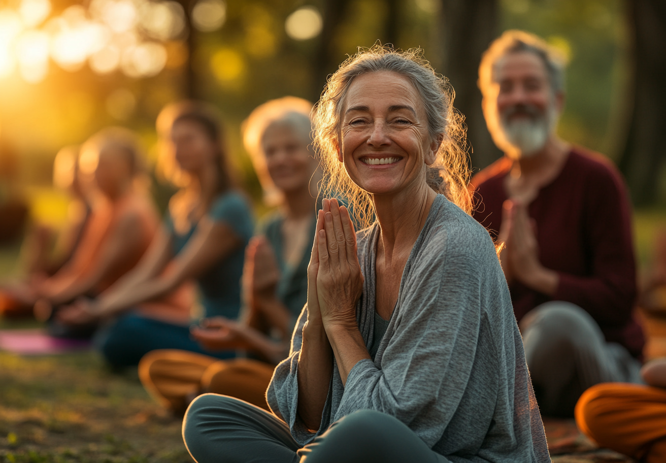 Група людей старшого віку виконує йогу в парку